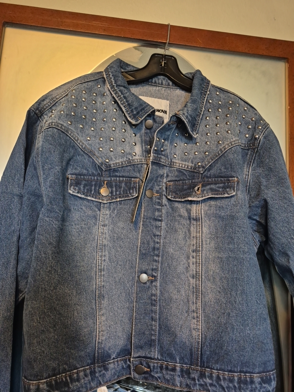 Fashion Nova Light Blue Denim Jacket with White Label